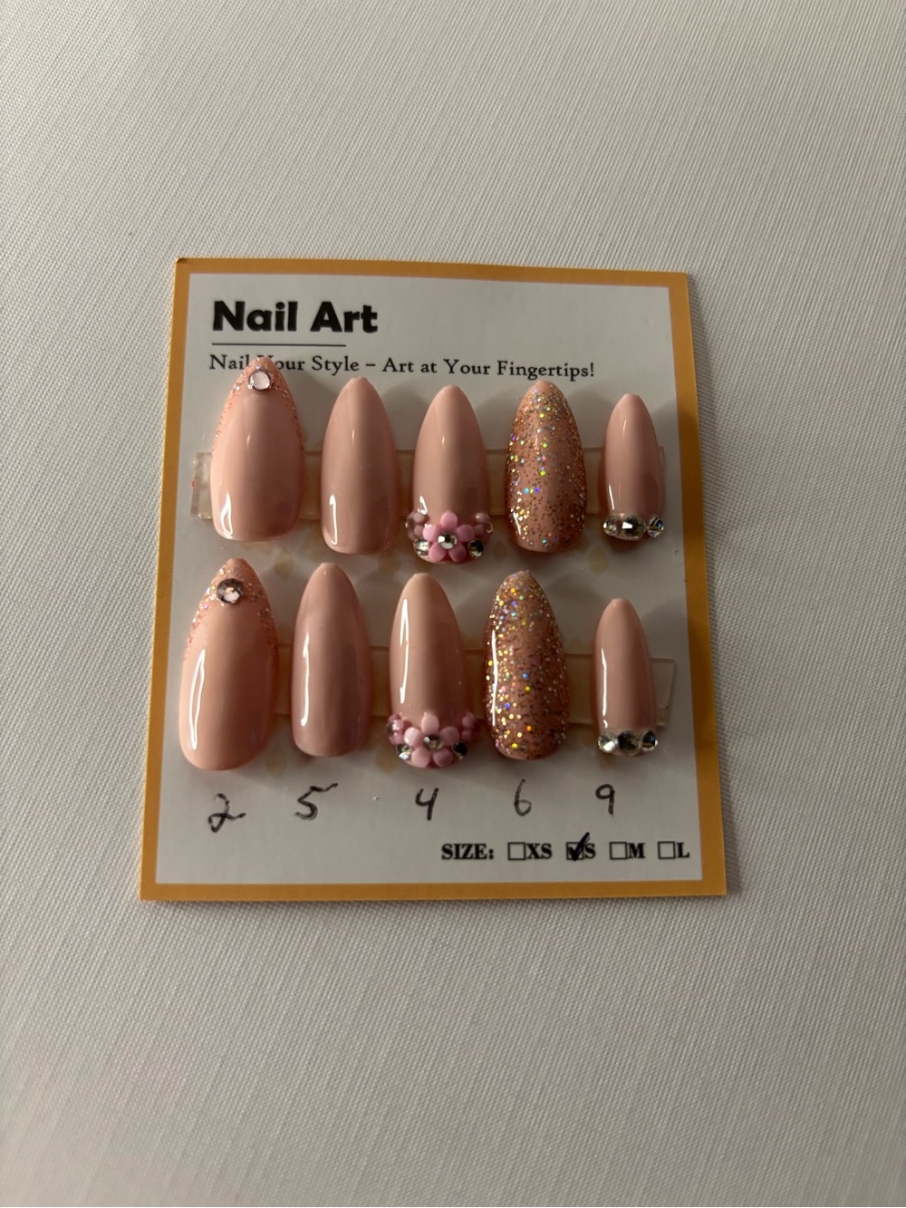 Peach Pink Press-On Set with Glitter & Rhinestones